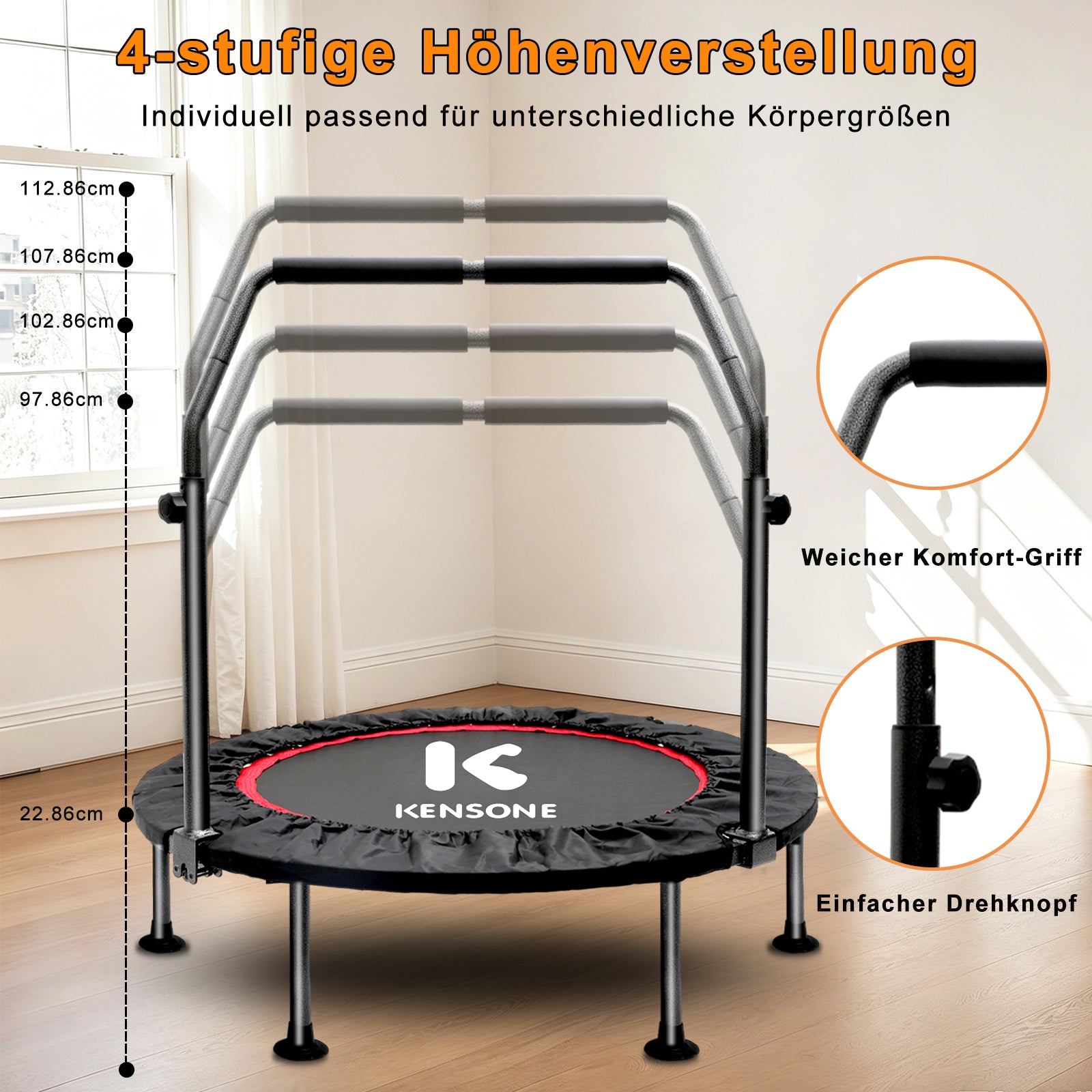 Foldable Mini Trampoline with Adjustable Handrail, 101.6 cm Fitness Trampoline