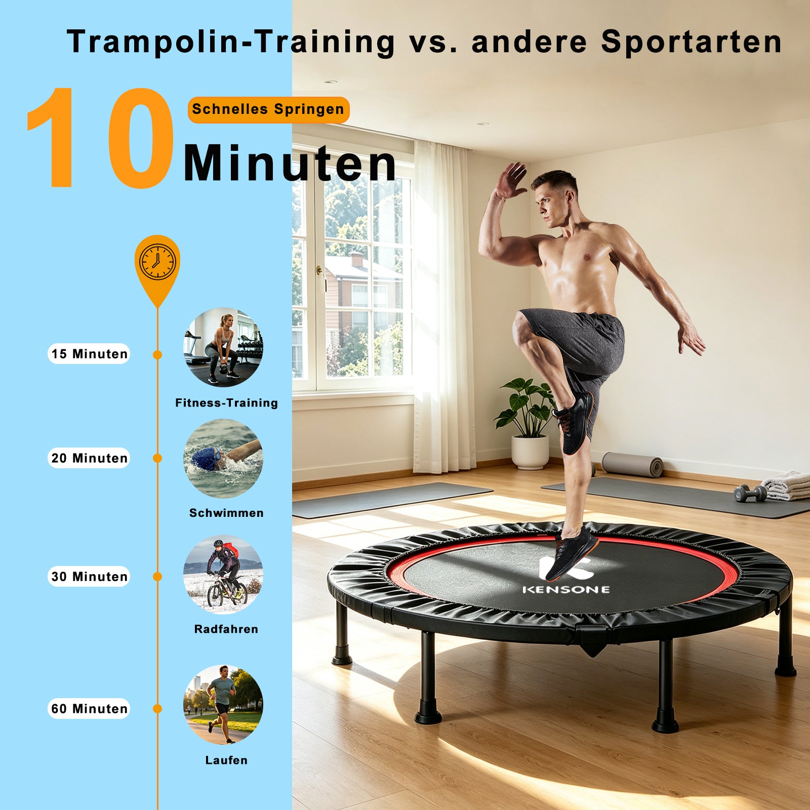 Foldable Mini Trampoline with Adjustable Handrail, 101.6 cm Fitness Trampoline